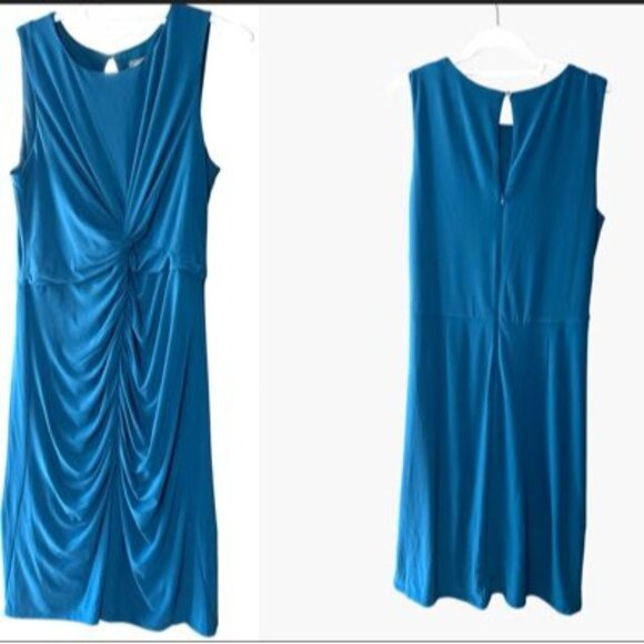 Vince Camuto Size 16 Teal Sleeveless Ruched Bodycon Front Midi Dress Keyhole - Picture 3 of 11